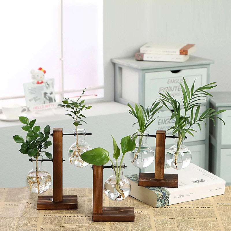 Stand Glass Planter Bulb Vase, Hydroponic Plant Vases with Wooden Stand, Terrarium Boiling Flask-Style Flower Vases Aesthetic Desk Decor roomtery
