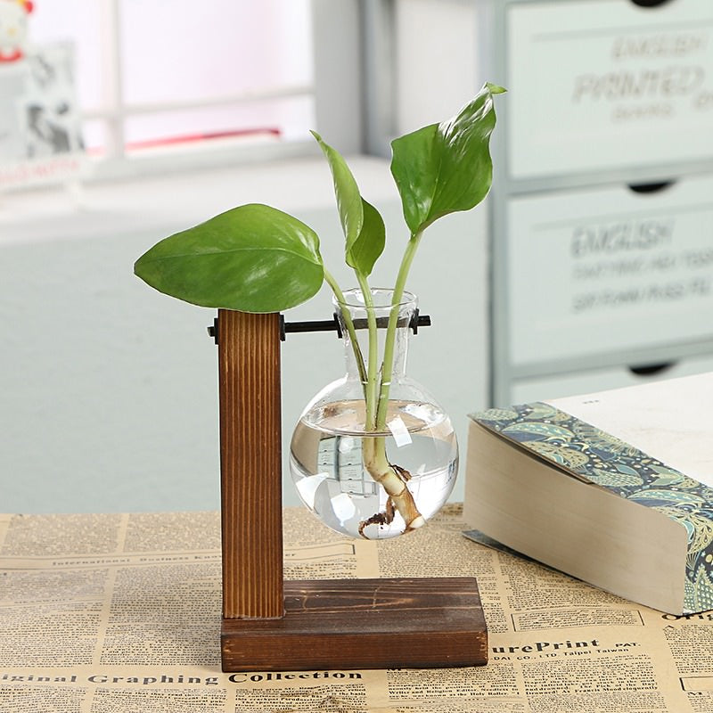 Stand Glass Planter Bulb Vase, Hydroponic Plant Vases with Wooden Stand, Terrarium Boiling Flask-Style Flower Vases Aesthetic Desk Decor roomtery