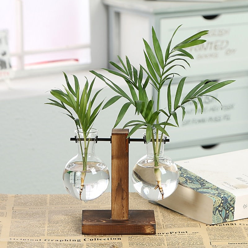 Stand Glass Planter Bulb Vase, Hydroponic Plant Vases with Wooden Stand, Terrarium Boiling Flask-Style Flower Vases Aesthetic Desk Decor roomtery
