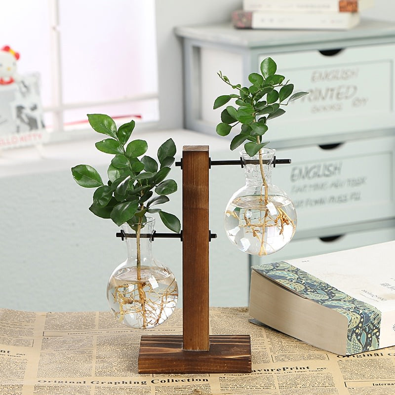 Stand Glass Planter Bulb Vase, Hydroponic Plant Vases with Wooden Stand, Terrarium Boiling Flask-Style Flower Vases Aesthetic Desk Decor roomtery