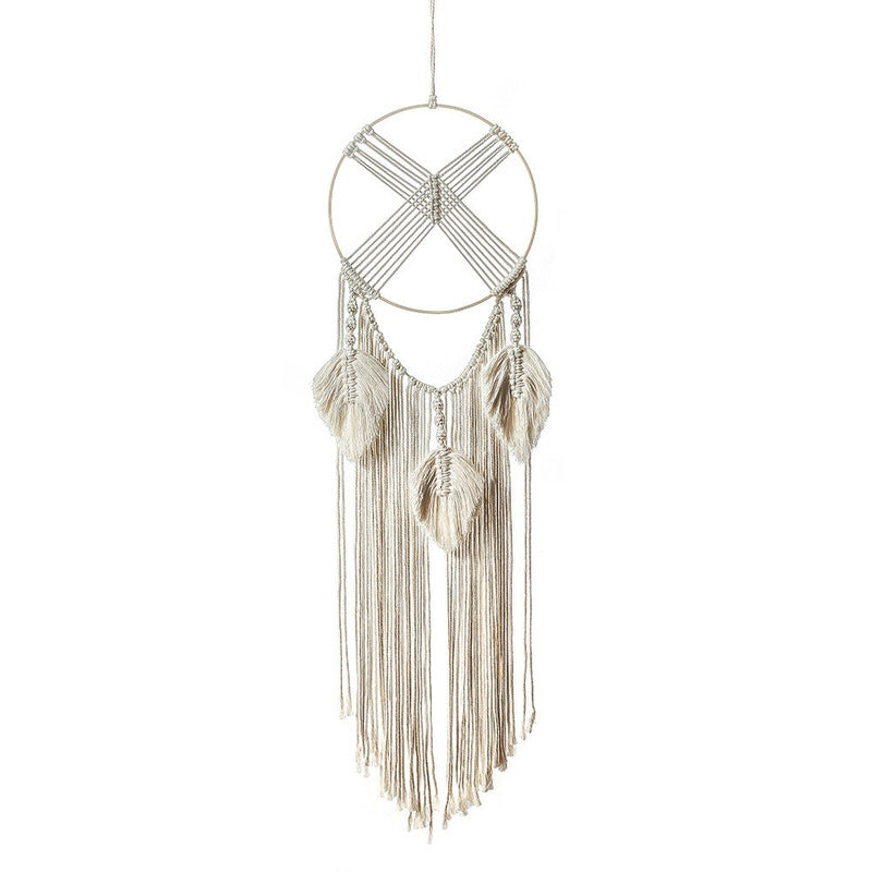 cross in a circle macrame wall hanging with fringe boho aesthetic room decor roomtery