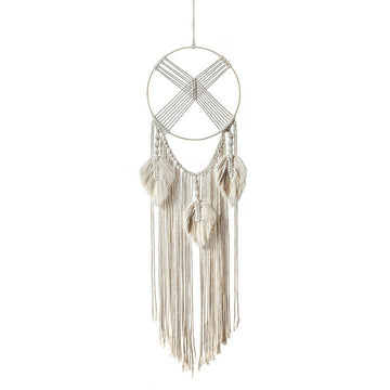 cross in a circle macrame wall hanging with fringe boho aesthetic room decor roomtery