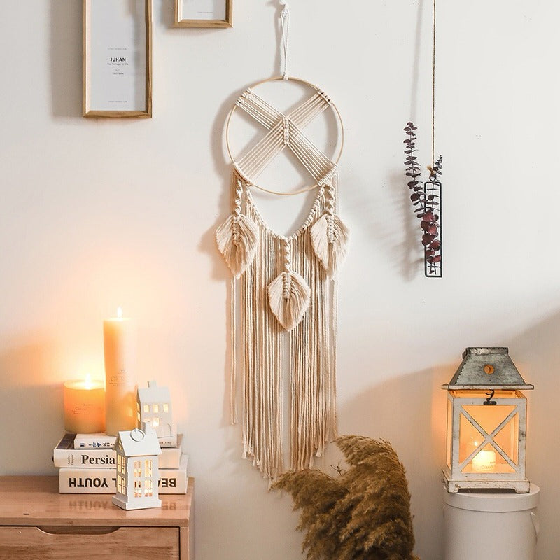 cross in a circle macrame wall hanging with fringe boho aesthetic room decor roomtery