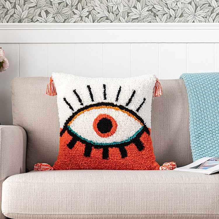 tufted tassels cushion cover orange and white background with embroidered eye aesthetic pillow roomtery