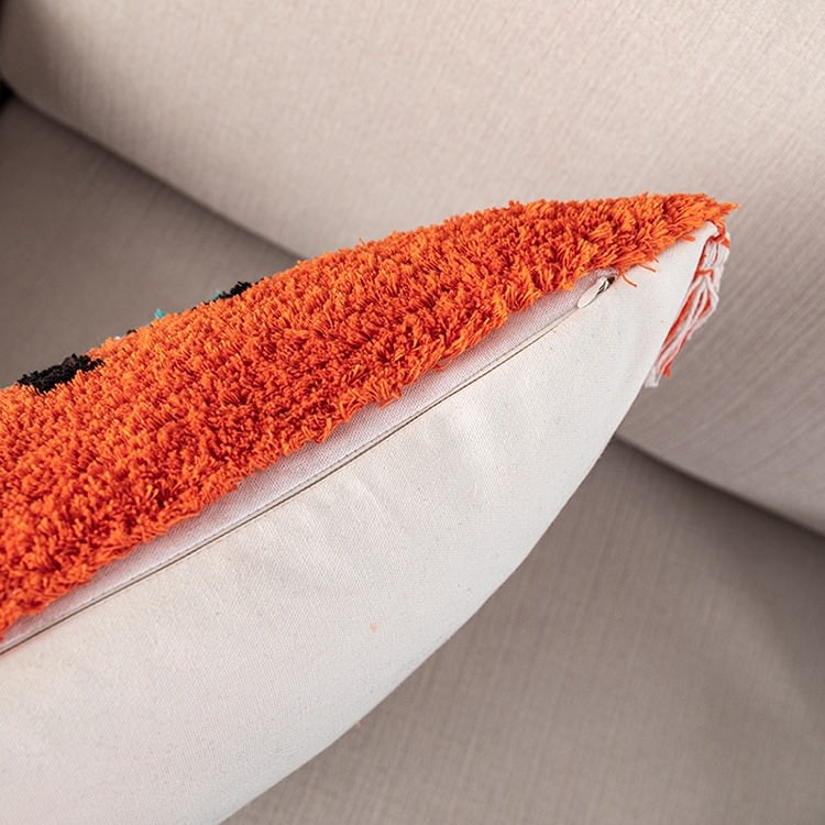 tufted tassels cushion cover orange and white background with embroidered eye aesthetic pillow roomtery