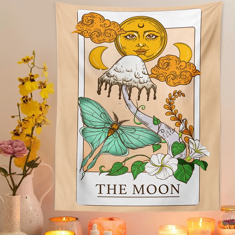 the moon tarot mushrooms tapestry fairycore witch room aesthetic decor roomtery