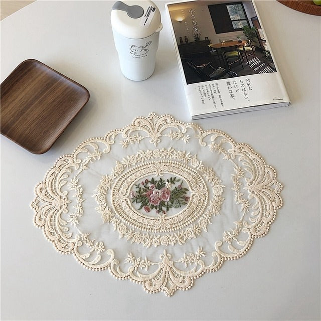 vintage cottagecore aesthetic lace placemat decorative embroidered vintage desk mat roomtery