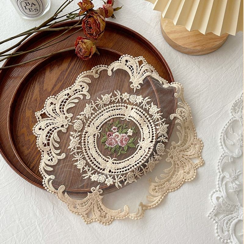 vintage cottagecore aesthetic lace placemat decorative embroidered vintage desk mat roomtery