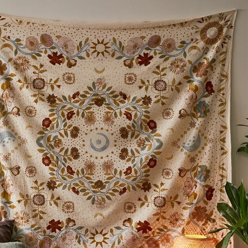 vintage floral botanical motifs mandala moon tapestry roomtery