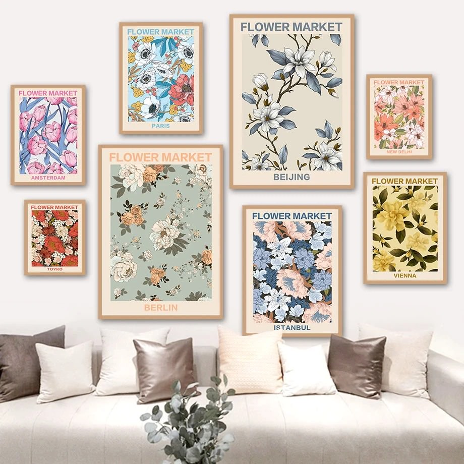 pastel pale vintage floral wall art painting flower market aesthetic canvas posters roomtery