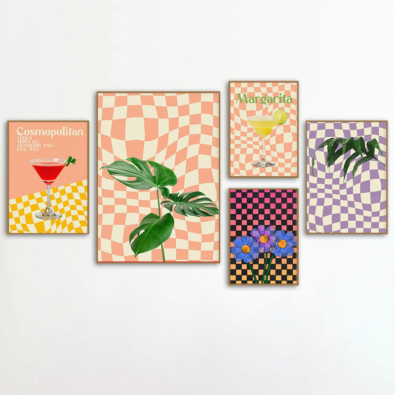 wavy checkered 80s vintage cocktails canvas wall art print aesthetic posters roomtery