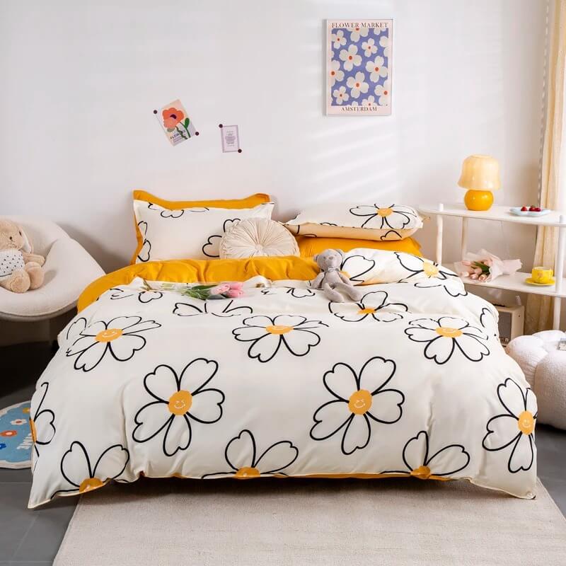 kidcore aesthetic daisy smiley white and yellow bedding duvet cover set roomtery