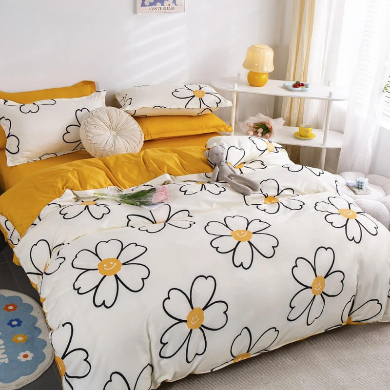 kidcore aesthetic daisy smiley white and yellow bedding duvet cover set roomtery