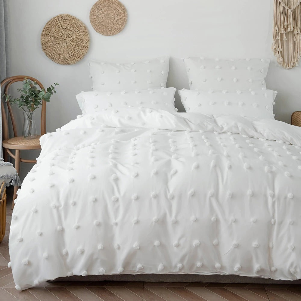 boho aesthetic bedding set white pom pom bed sheet set roomtery