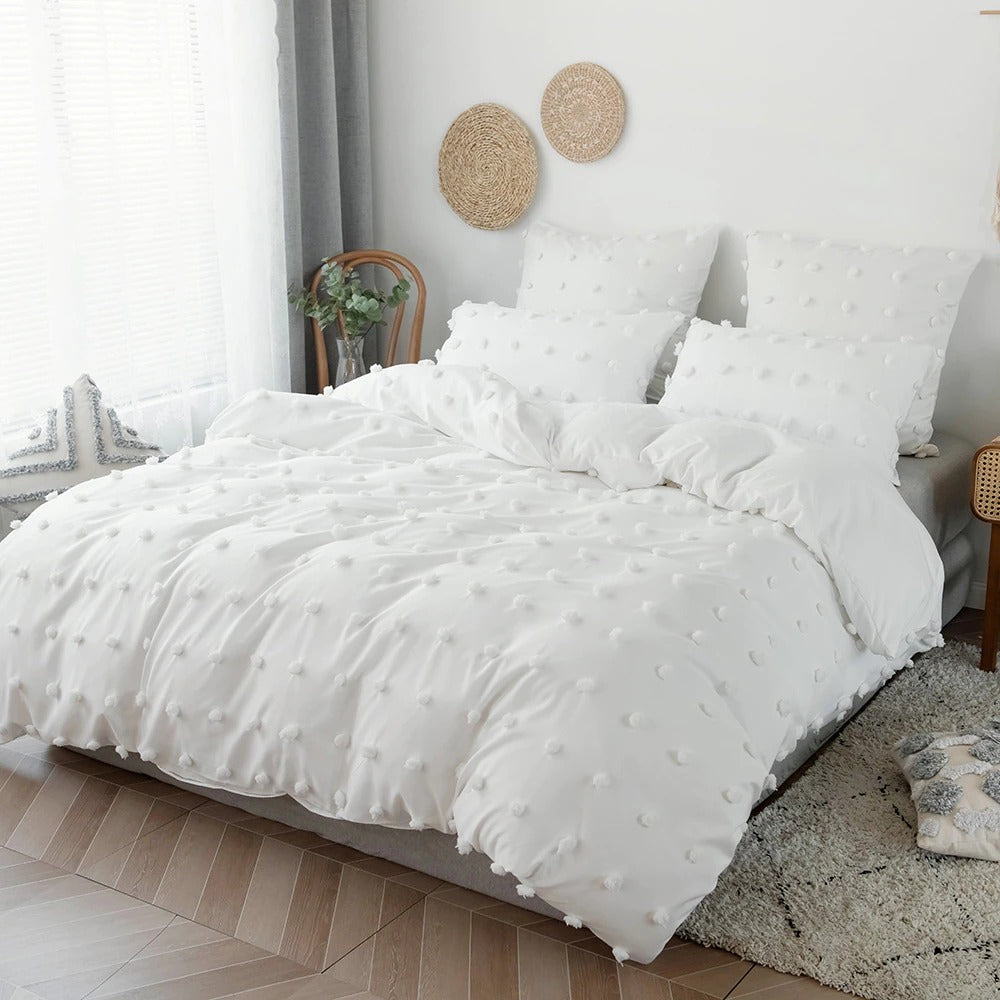 White Pom Pom Bedding Set Boho Aesthetic Bedding roomtery