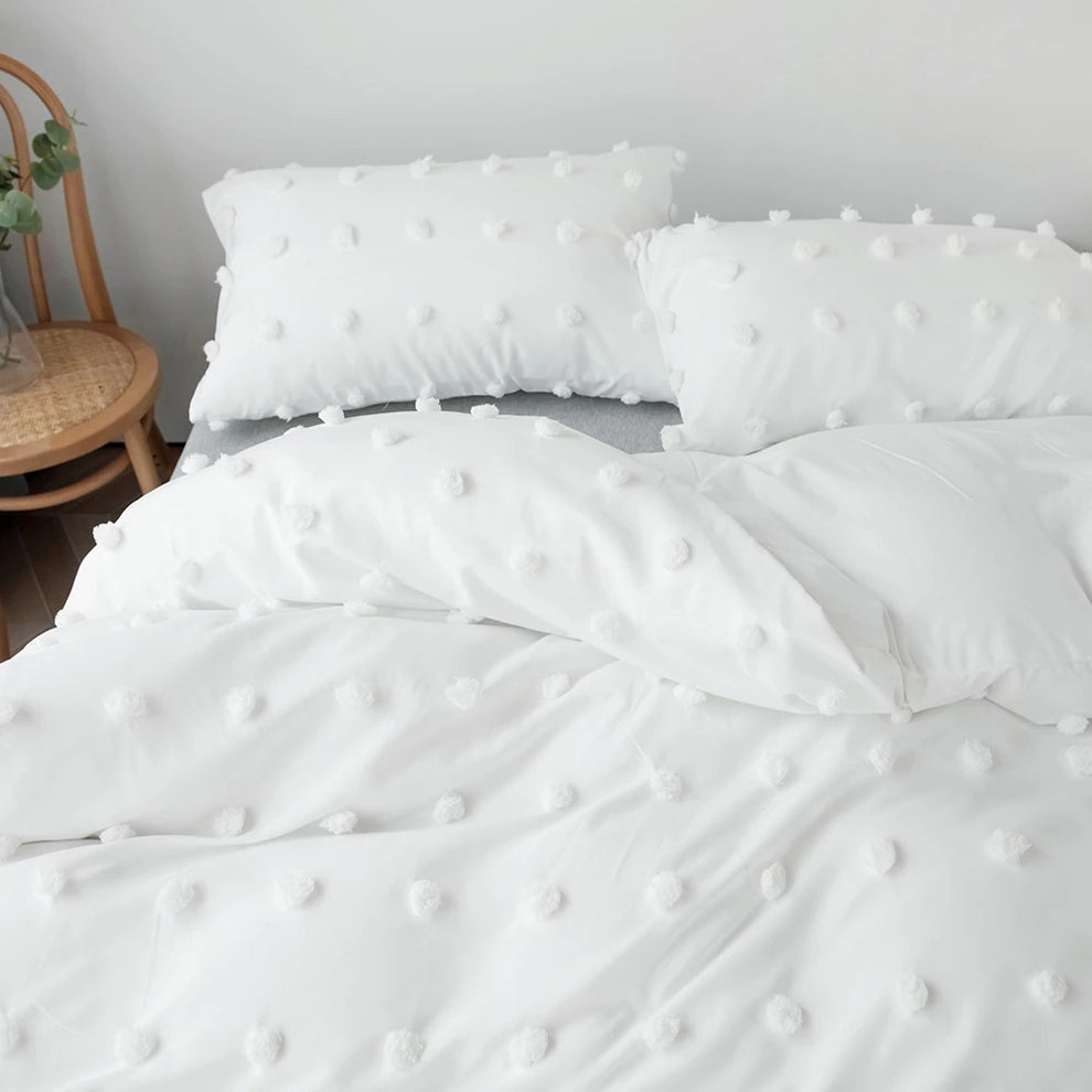 White Pom Pom Bedding Set Boho Aesthetic Bedding roomtery