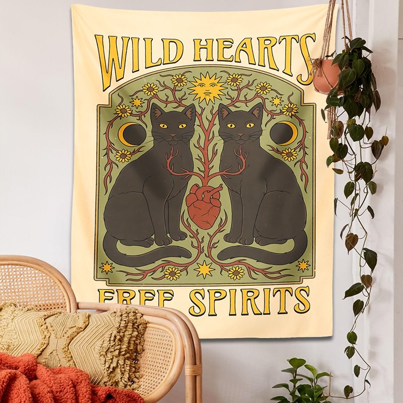 wild hearts black cats witchy sun moon star witchcraft astrology wall hanging aesthetic tapestry roomtery