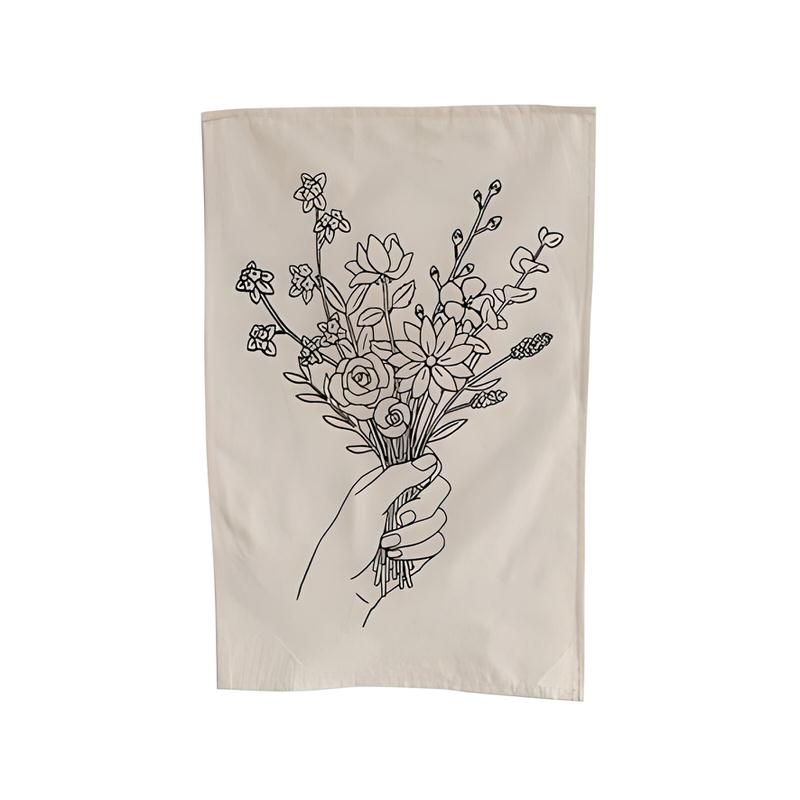 outline print hand holding wild flowers bouquet mini canvas tapestry roomtery