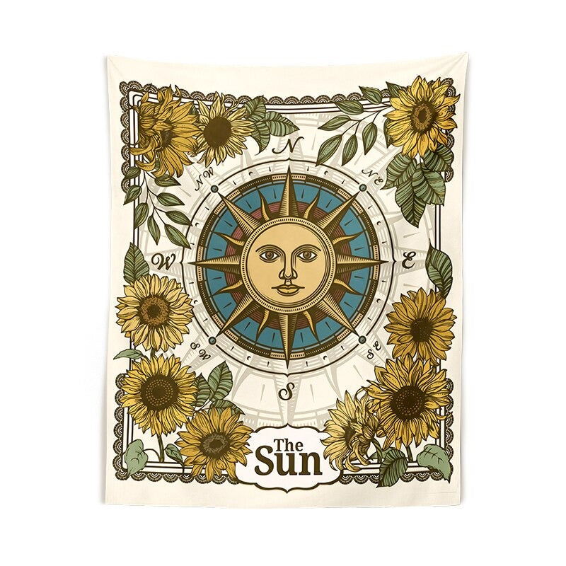 wind rose sun with sunflowers boho aesthetic wall tapestry print roomtery