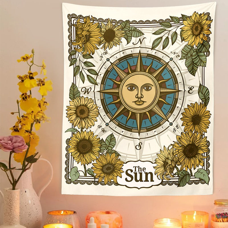 wind rose sun with sunflowers boho aesthetic wall tapestry print roomtery