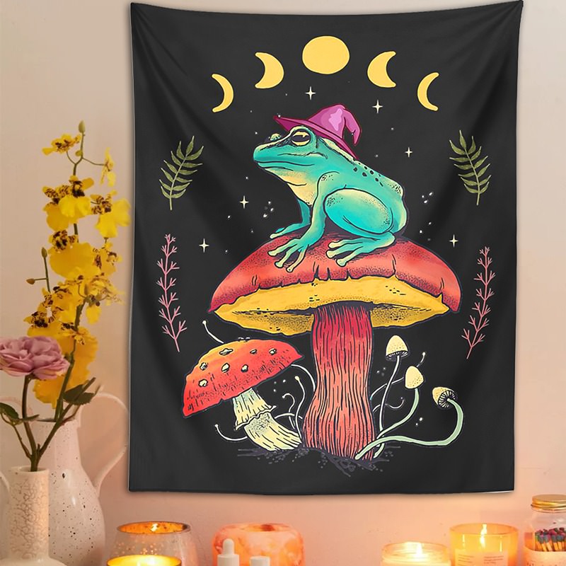 Frog on Mushroom Tapestry Wall Hanging Aesthetic Frog magic Wizard Cottagecore Boho moon phase Hippie Mattress Dorm Room Decor aesthetic tapestry roomtery