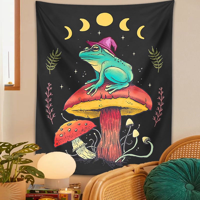 Frog on Mushroom Tapestry Wall Hanging Aesthetic Frog magic Wizard Cottagecore Boho moon phase Hippie Mattress Dorm Room Decor aesthetic tapestry roomtery