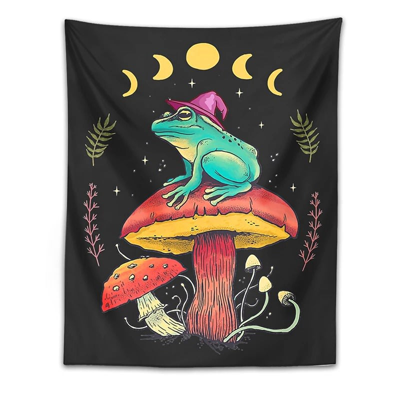 Frog on Mushroom Tapestry Wall Hanging Aesthetic Frog magic Wizard Cottagecore Boho moon phase Hippie Mattress Dorm Room Decor aesthetic tapestry roomtery