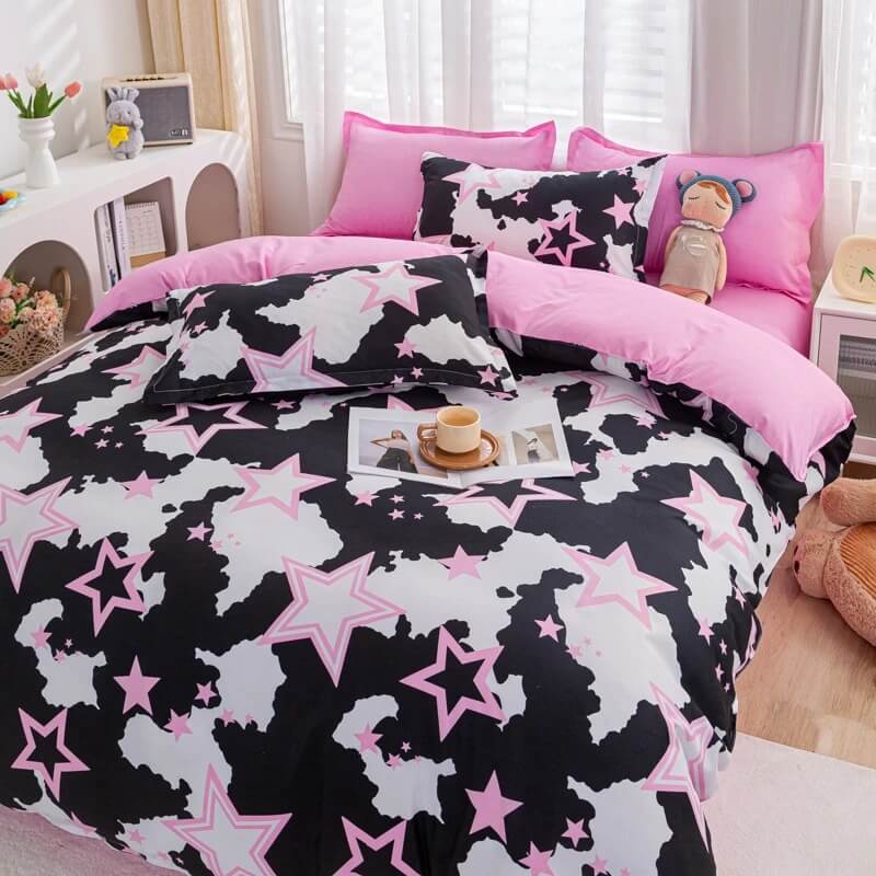 y2k aesthetic bedding black white and pink stars roomtery
