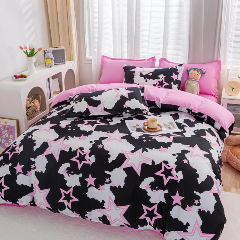 y2k aesthetic bedding black white and pink stars roomtery
