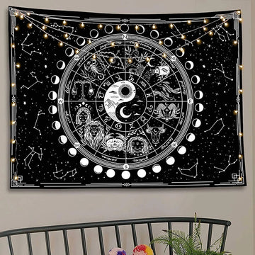 yin yang black and white zodiac constellations print aesthetic wall hanging tapestry decor roomtery