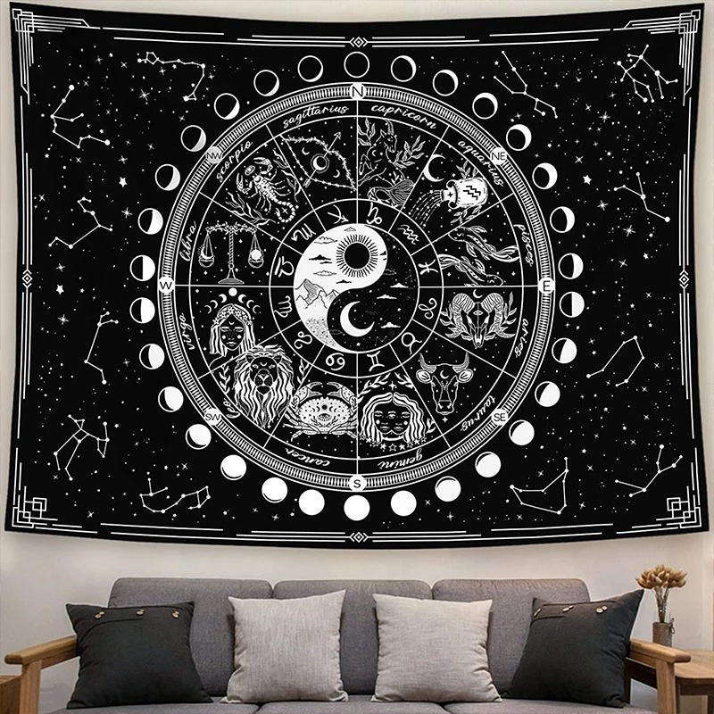 yin yang black and white zodiac constellations print aesthetic wall hanging tapestry decor roomtery