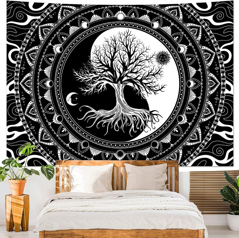 yin yang black white tree if life aesthetic wall hanging decor tapestry roomtery