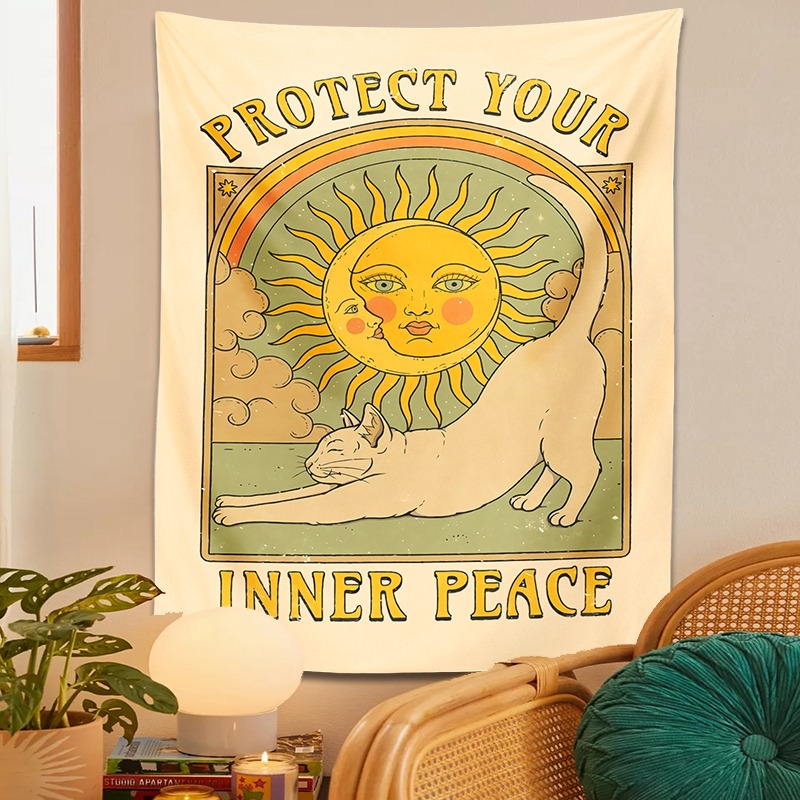 cat sun moon witchy aesthetic fairycore tarot peace hippy wall hanging tapestry roomtery