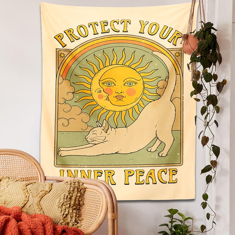 cat sun moon witchy aesthetic fairycore tarot peace hippy wall hanging tapestry roomtery